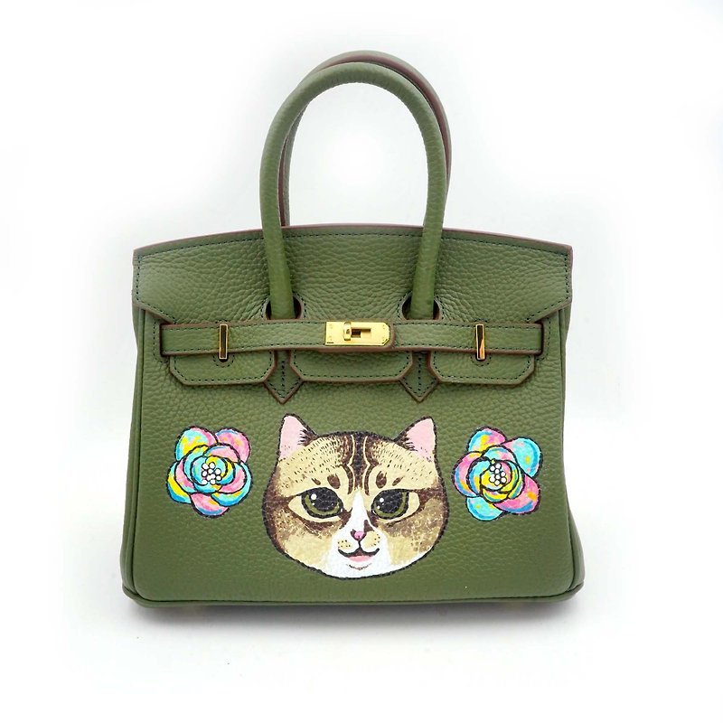 GOOKASO定制化军绿真皮牛皮革BIRKIN款手绘猫咪斜跨手袋25cm包包 - 侧背包/斜挎包 - 真皮 绿色