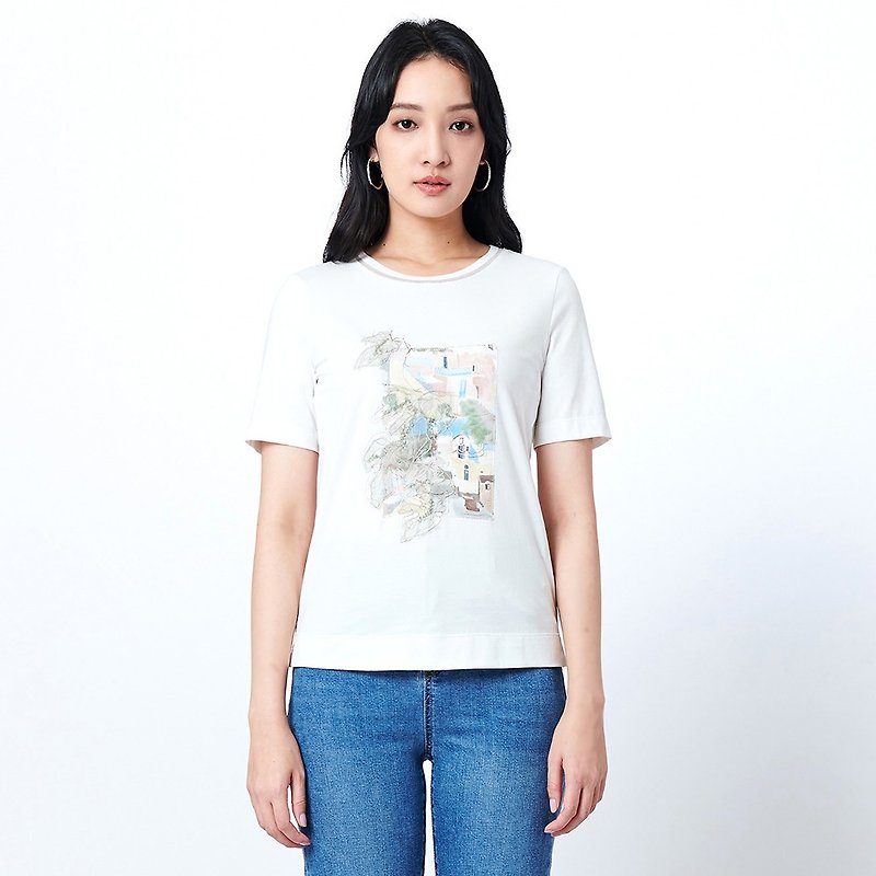 KeyWear 花卉岛屿贴布绣短袖上衣-白-0AF00152 - 女装 T 恤 - 棉．麻 白色
