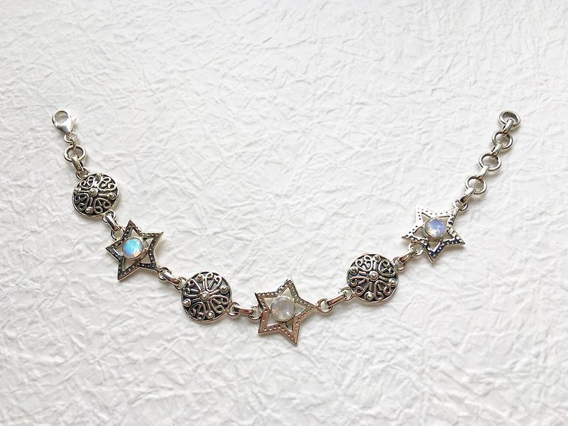 月光石925纯银星星设计手链 印度手工镶嵌制作 - 手链/手环 - 宝石 蓝色