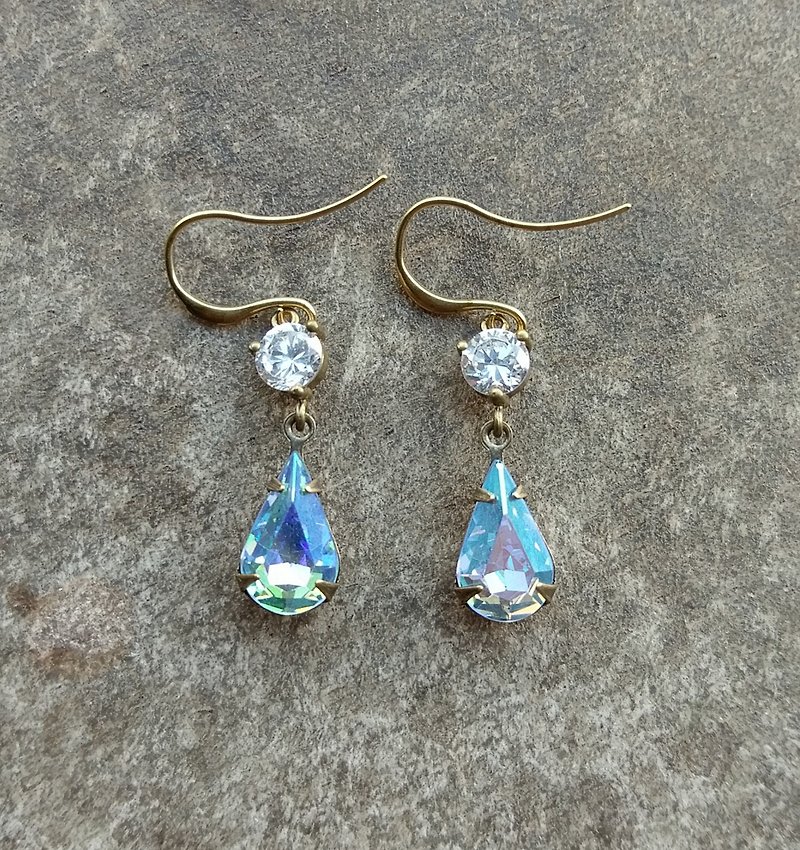 极光蓝古董玻璃锆石垂坠耳环 - 耳环/耳夹 - 其他金属 蓝色