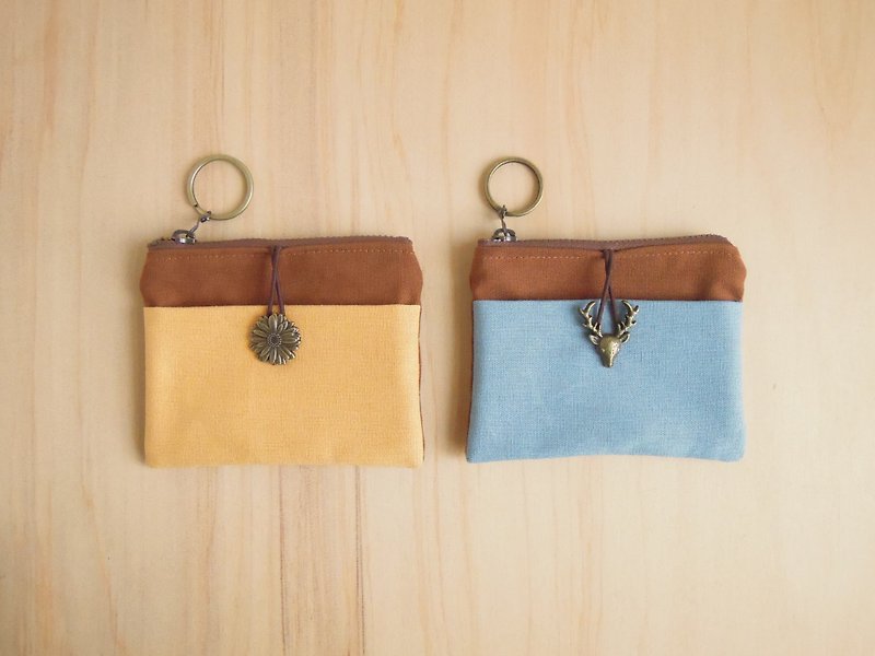 交换礼物 – 钱包 - 焦糖色 + 蓝色 (小鹿) - 皮夹/钱包 - 棉．麻 蓝色