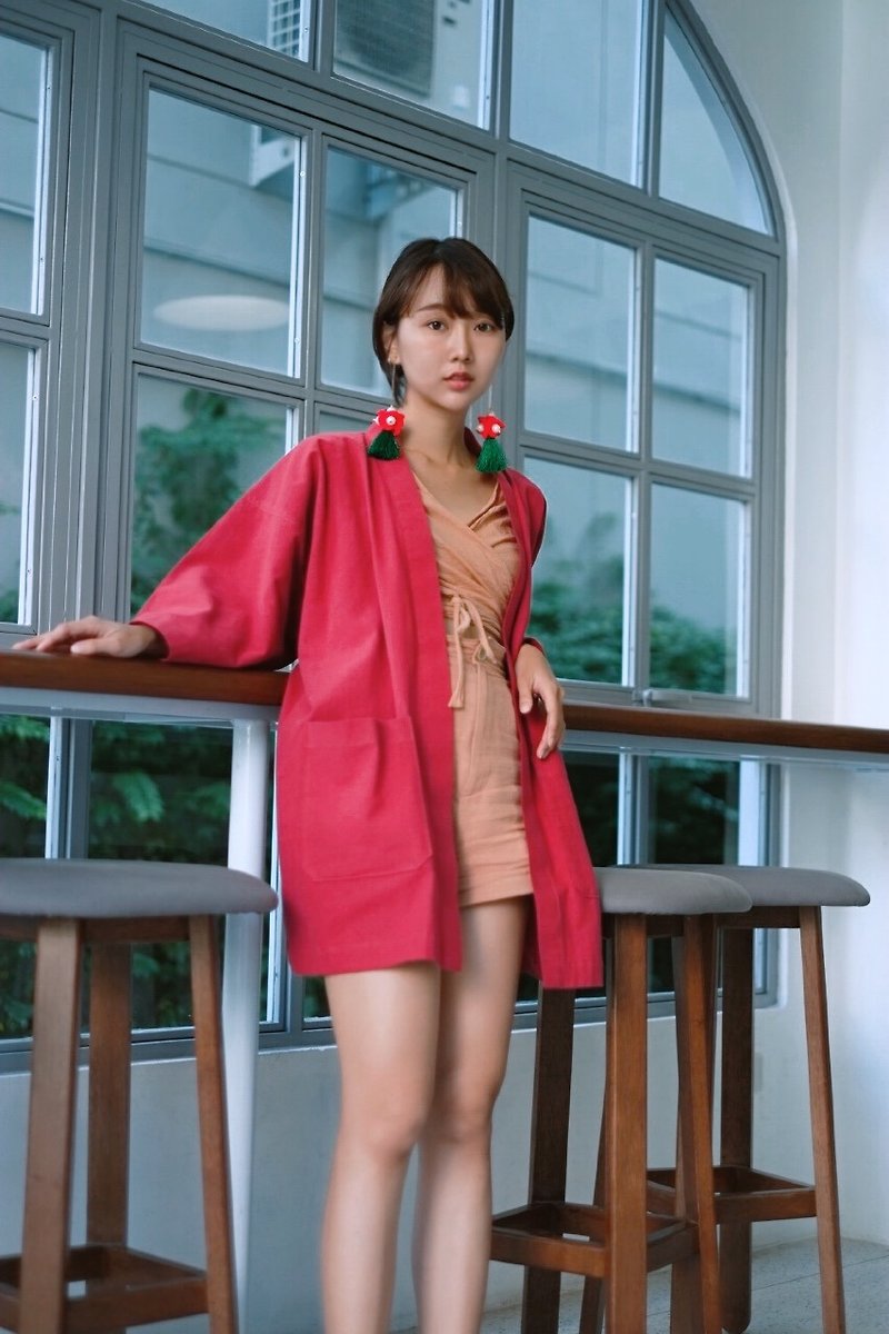 Red Velvet Kimono Jacket - 女装休闲/机能外套 - 棉．麻 红色