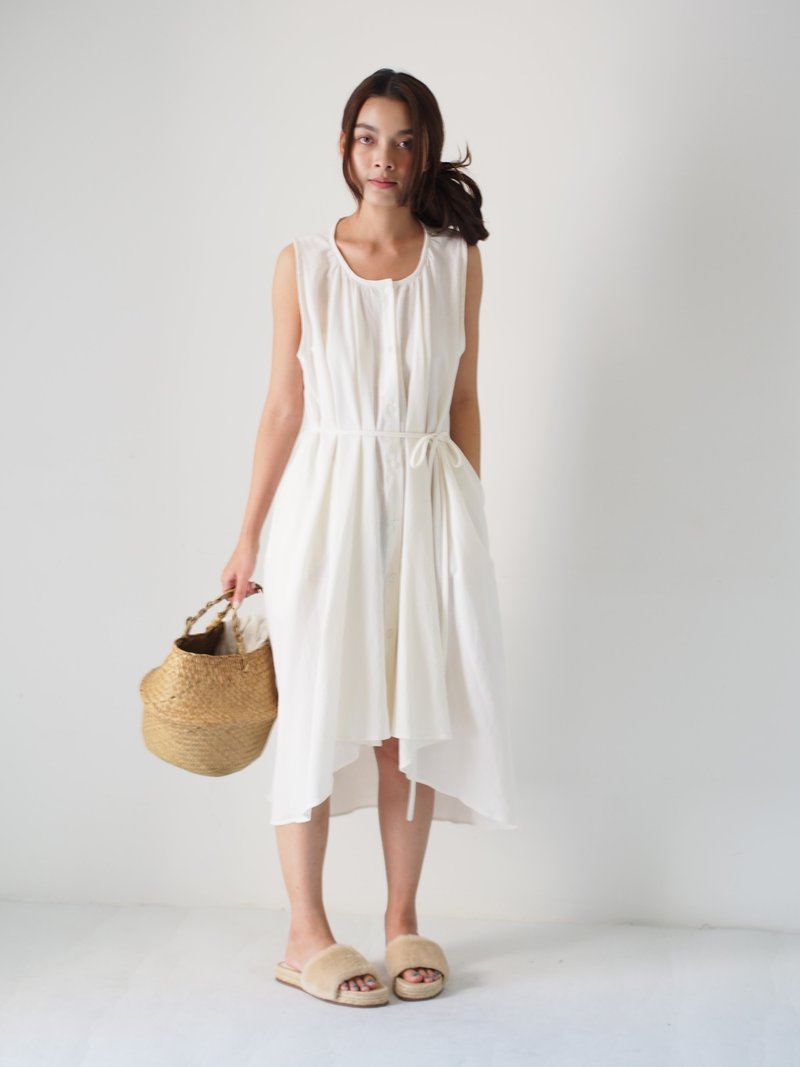 ByTheSea - Chinese Collar A Line Dress - White - 洋装/连衣裙 - 棉．麻 白色