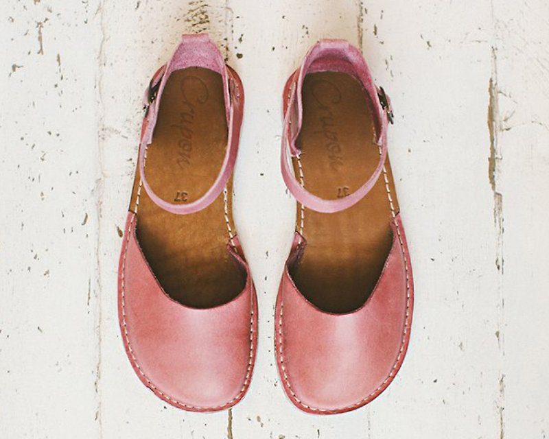 赤足皮革鞋子、粉色皮鞋、夏季平底鞋、休闲鞋、平底鞋 - 女款休闲鞋 - 真皮 粉红色