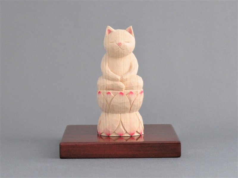木彫り　座禅猫　淡彩色　猫仏さま　001121 - 摆饰 - 木头 白色