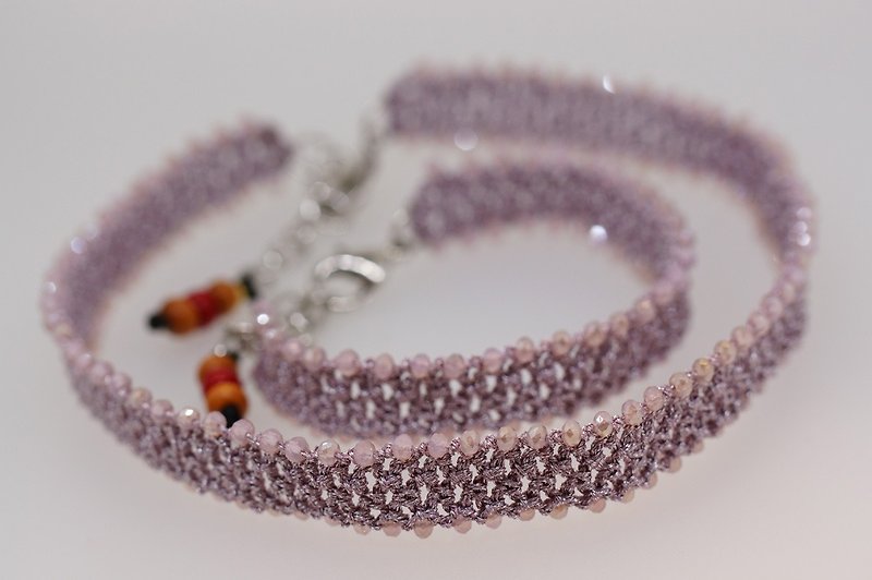 手鈎金属线短颈錬+手链套装  ( Hand crocheted set of crystal beads choker + beads bracelet ) - 项链 - 宝石 粉红色