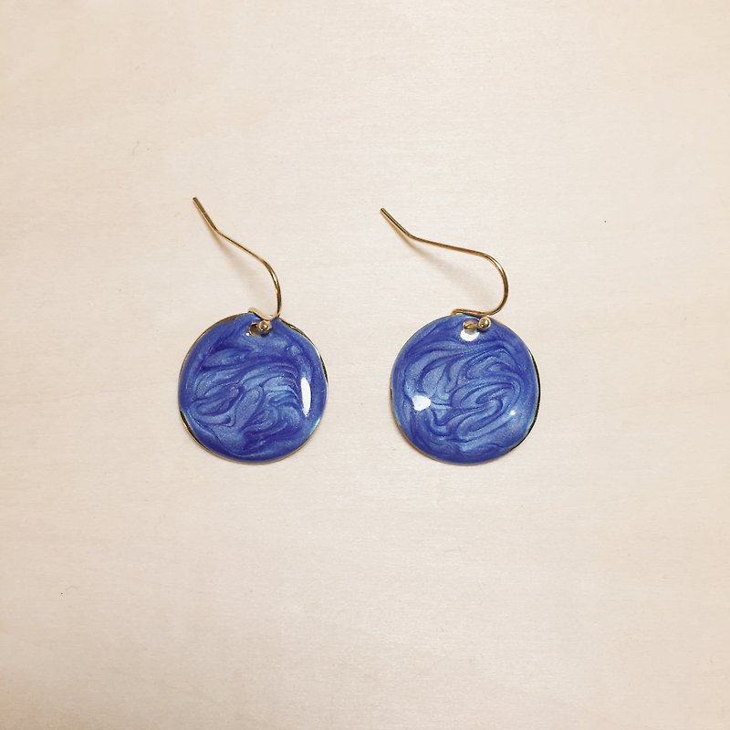 复古宝蓝滴釉圆形耳环 - 耳环/耳夹 - 颜料 蓝色