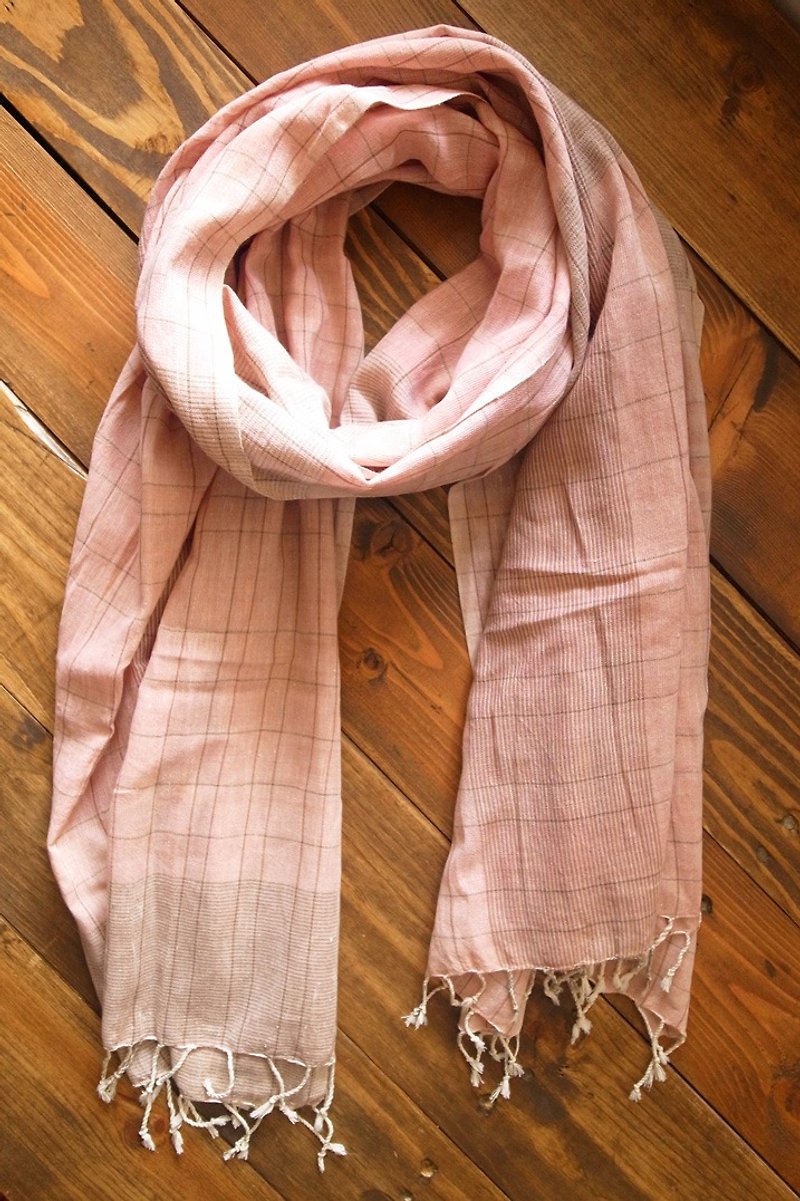 公平贸易 手织 有机棉 植物染 披肩 围巾 格纹_淡粉红+浅褐线条 - 围巾/披肩 - 棉．麻 粉红色