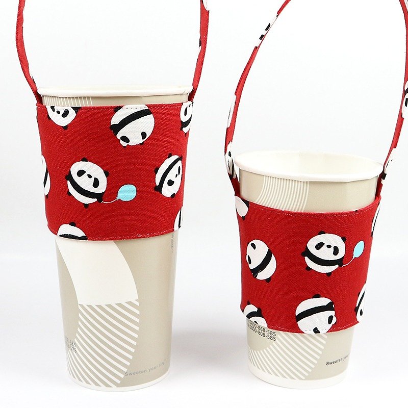 饮料杯套 环保杯套 提袋- 熊猫圆圆(红) - 随行杯提袋/水壶袋 - 棉．麻 红色