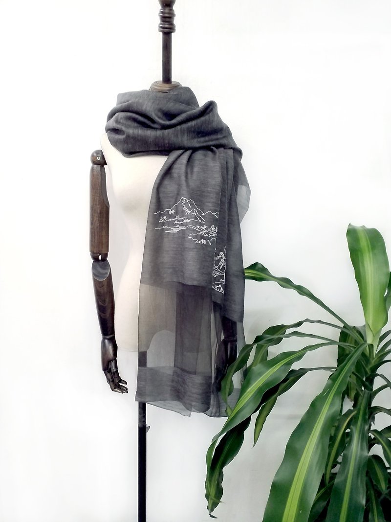 中国风刺绣透薄真丝羊毛围巾-山水篇 - 丝巾 - 丝．绢 灰色