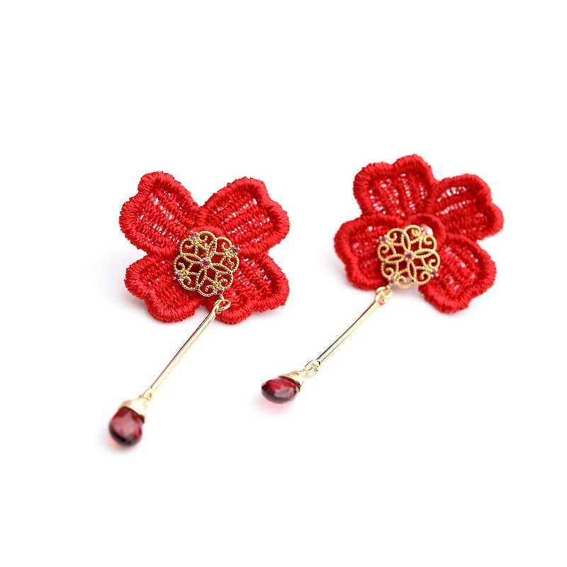 订做  红花美人  古典 石榴 两种戴法刺绣耳环 - 耳环/耳夹 - 绣线 红色
