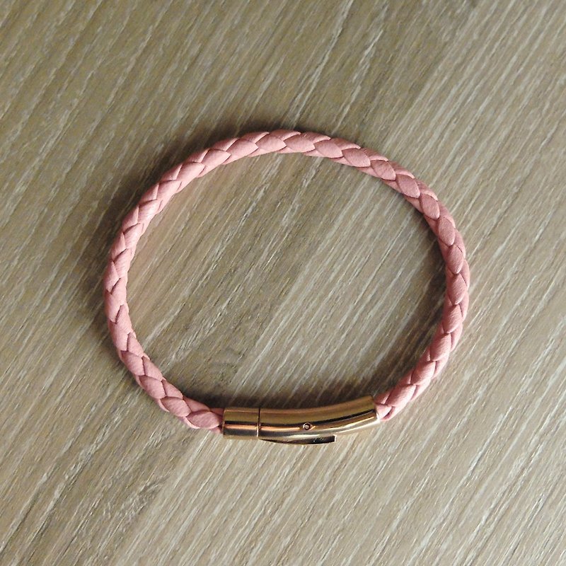 316不锈钢 玫瑰金扣件 4mm粉红色 真皮 编织皮绳 - 手链/手环 - 真皮 粉红色