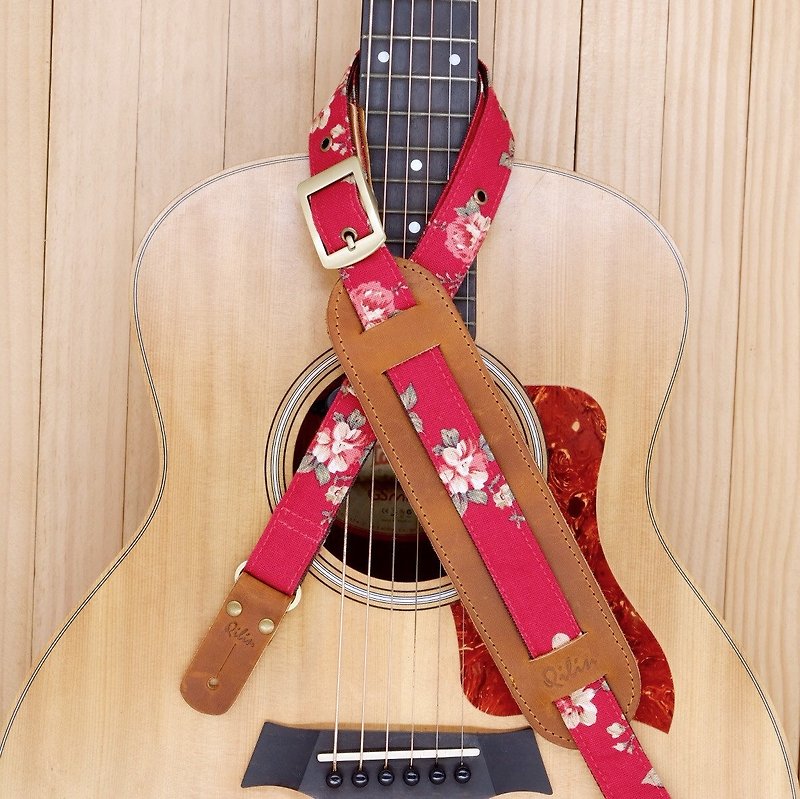 Red Fabric Flower - Vintage Guitar Strap - 吉他/乐器 - 真皮 红色