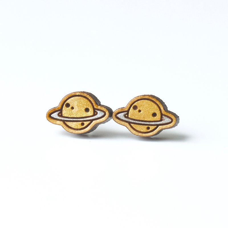 彩绘木耳环-星球（金色） - 耳环/耳夹 - 木头 金色