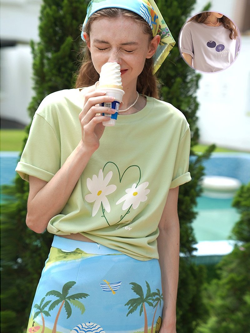 MintCheese 原创手绘 趣味印花 蓝莓/雏菊 宽松短袖TEE - 女装 T 恤 - 棉．麻 绿色