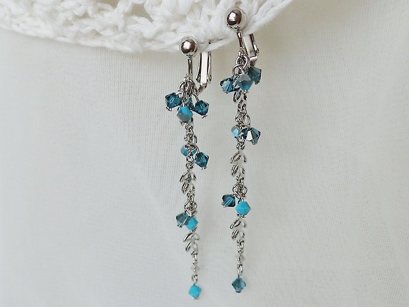 花草风　 银彩　施华洛世奇元素　夹式 耳环 (一对) - 耳环/耳夹 - 玻璃 蓝色