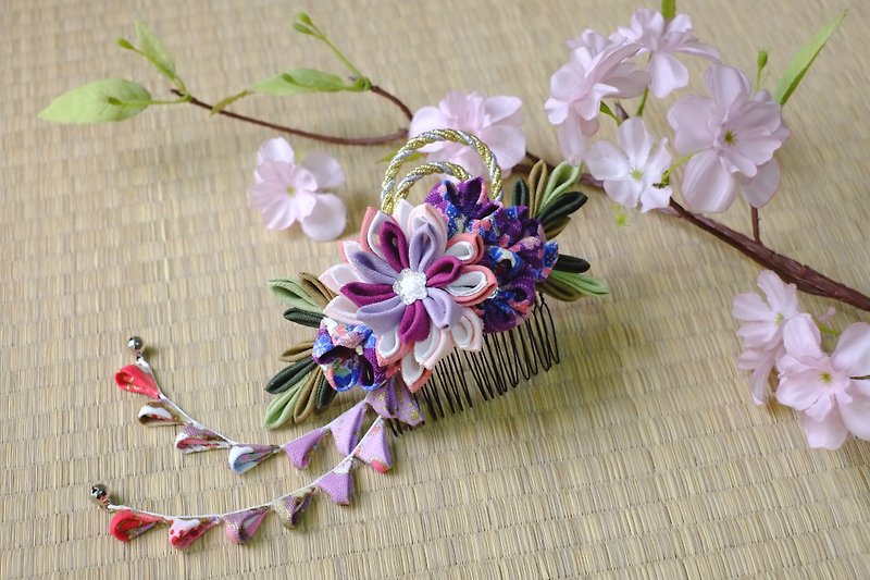 【洋粋スタイル】つまみ细工手作花簪－和花。绽放-紫系 - 发饰 - 棉．麻 紫色