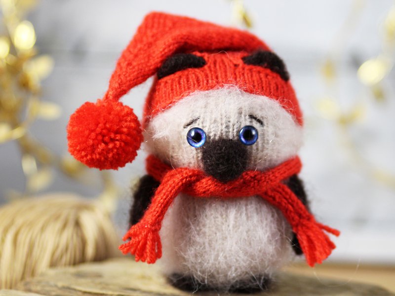 Knitted cat doll Siamese cat in red hat and scarf, Stuffed animal amigurumi doll