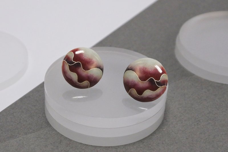 微浪纹理  - 珐琅耳环 圆形红 - 耳环/耳夹 - 珐琅 红色