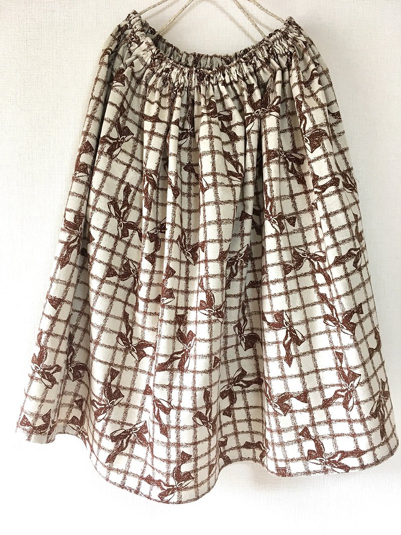 リボン柄　ロングスカート　茶色 - 裙子 - 棉．麻 咖啡色