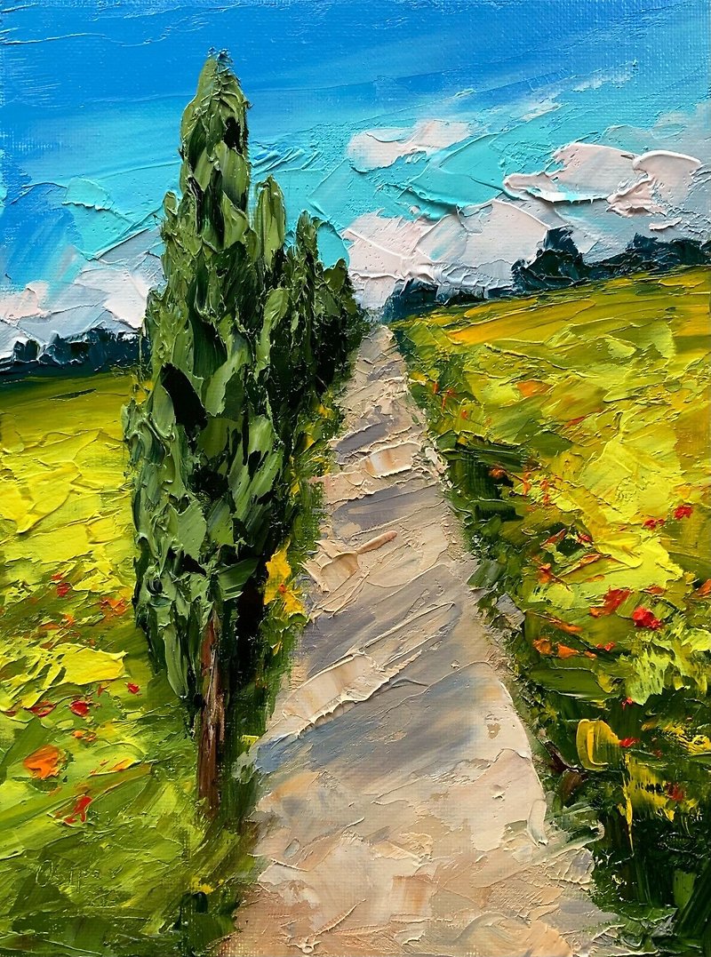 Original Oil Painting On Canvas Trees Landscape Yellow Field Painting Impasto - 墙贴/壁贴 - 棉．麻 多色