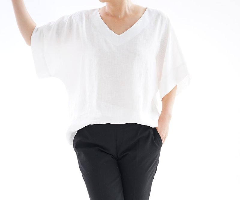Linen Roughly V-neck Drop Shoulder Tops / White t016b-wht1 - 女装上衣 - 棉．麻 白色