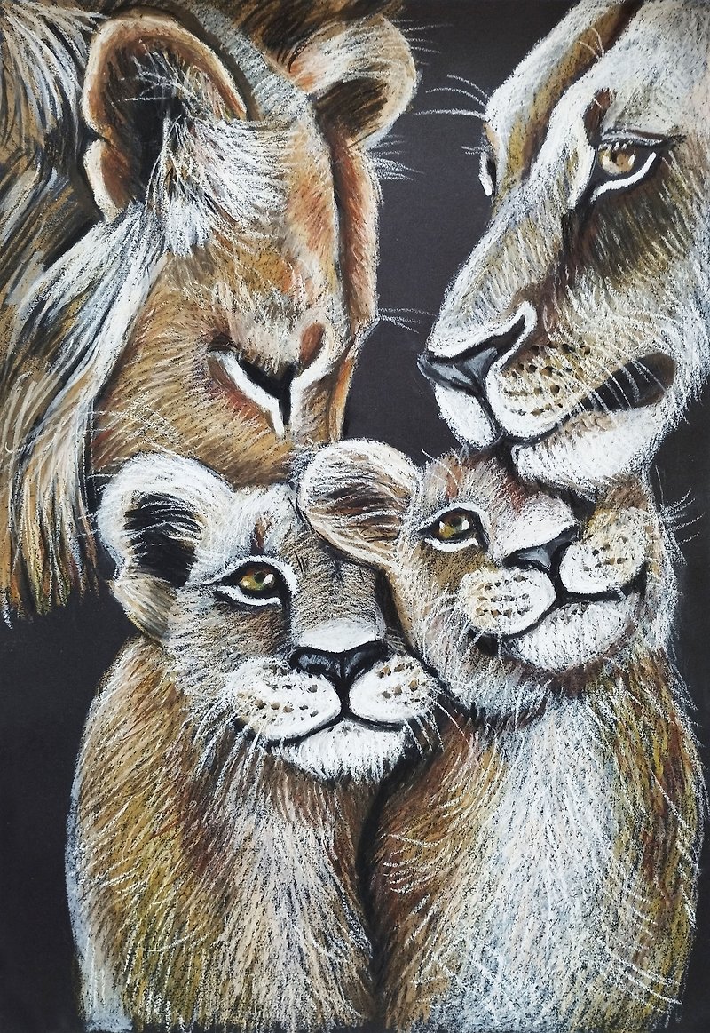 骄傲狮子家族油画棒肖像艺术动物爱的图片 - 墙贴/壁贴 - 纸 咖啡色