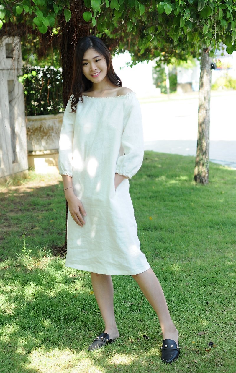 Linen Dress / Off Shoulder Linen Dress / Crochet Sleeved /  EP-D654 - 洋装/连衣裙 - 亚麻 