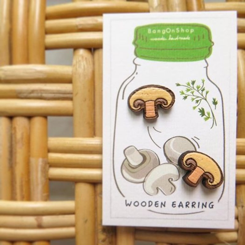 香菇木制耳环 - 耳环/耳夹 - 木头 黄色