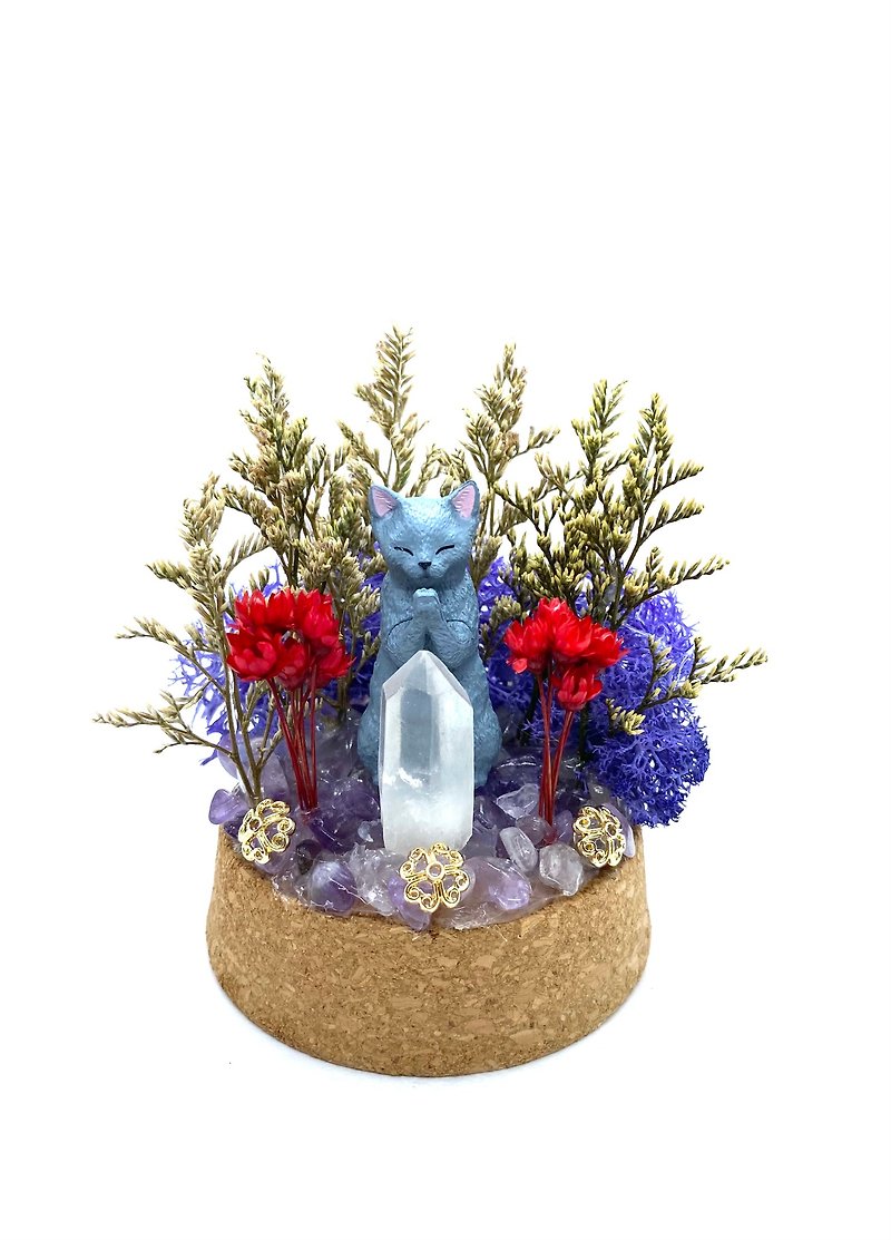 紫色森林-黑猫与白水晶-手工玻璃罩公仔/水晶/干燥花摆设 - 摆饰 - 水晶 