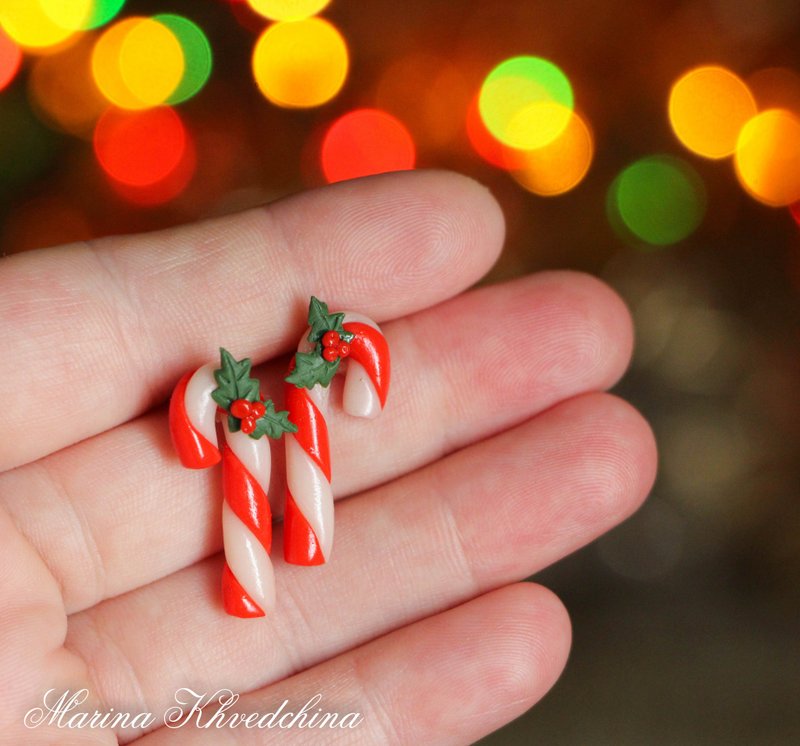 Candy cane stud earrings Christmas jewelry - 耳环/耳夹 - 其他材质 红色