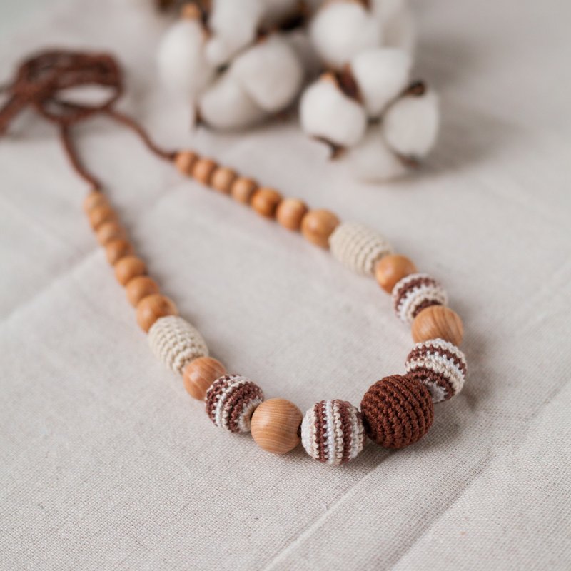 Brown Stripped Wooden Teething Necklace - Modern Jewelry for Breastfeeding Mom - 项链 - 木头 咖啡色