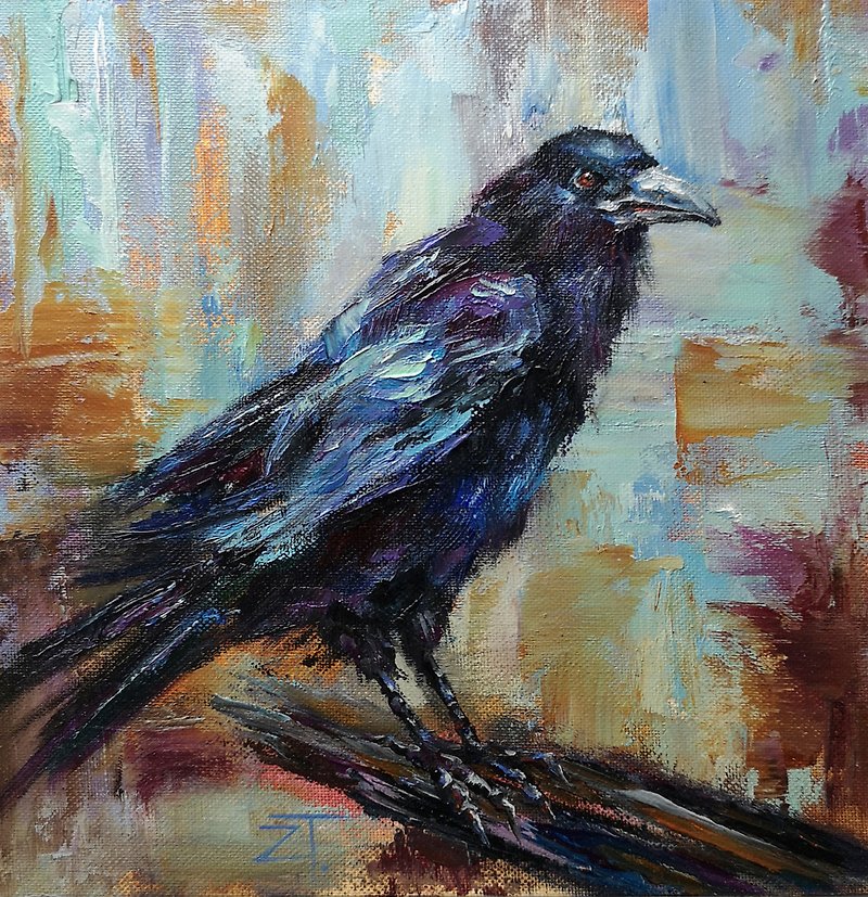 Raven Oil Painting Original Wall Art on canvas panel 25x25cm - 海报/装饰画/版画 - 其他材质 
