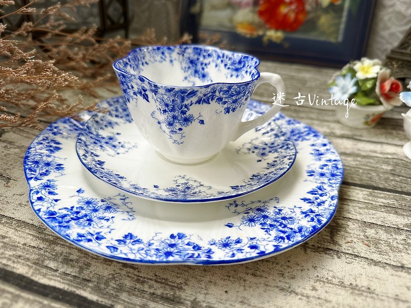古董英国Shelley Dainty Blue美丽骨瓷蓝色花卉系列三件杯盘组 - 茶具/茶杯 - 瓷 蓝色