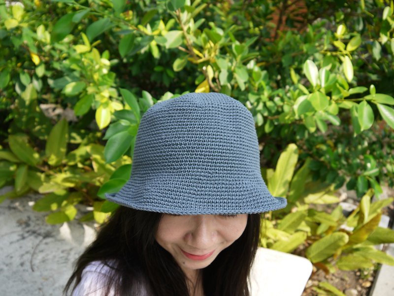 手工编织帽/复古方形渔夫帽/棉绳帽/铁灰蓝/礼物 - 帽子 - 棉．麻 蓝色