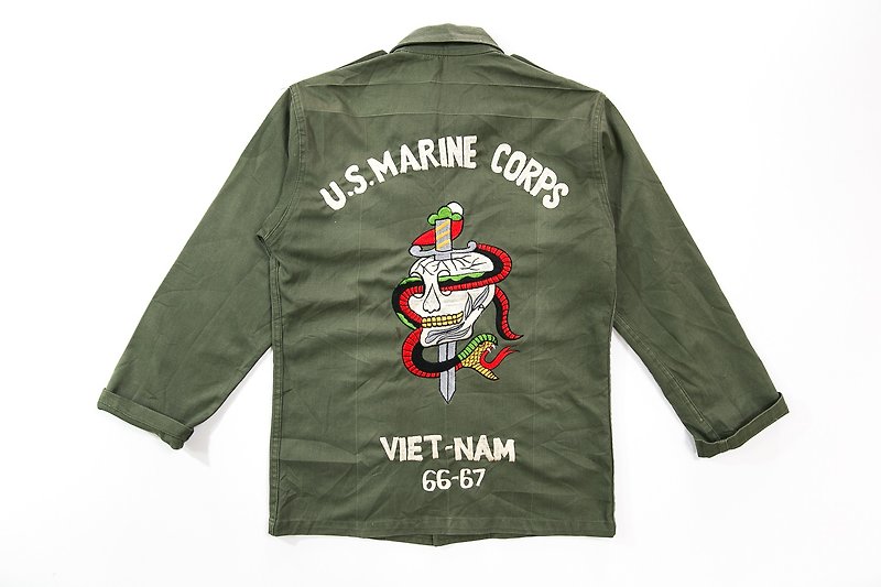 [3thclub铭仁棠] U.S 海军陆战队 毒蛇骷颅匕首 刺绣 USM-006 - 男装衬衫 - 棉．麻 绿色
