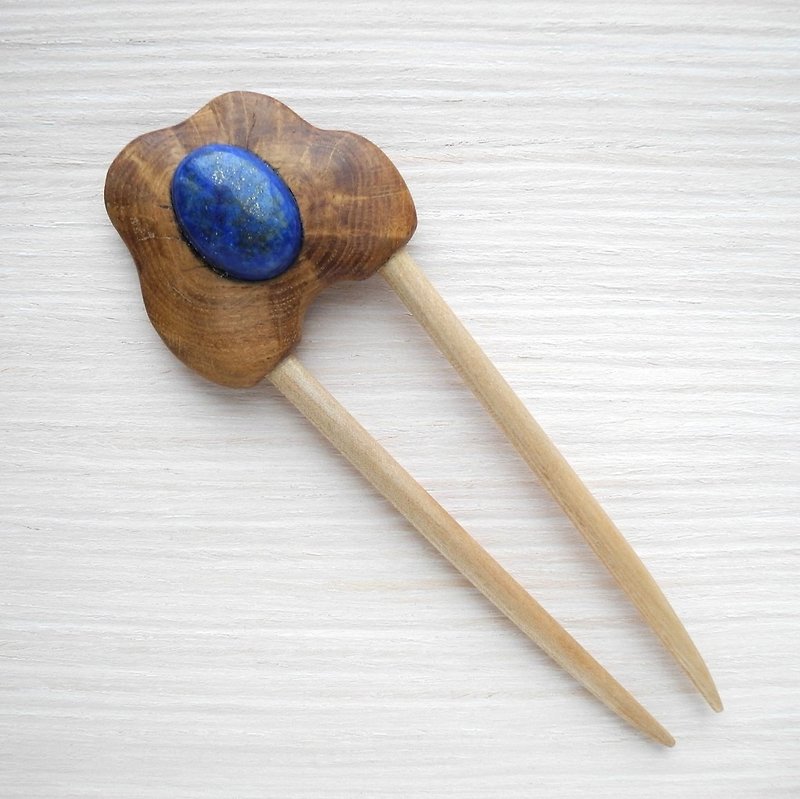 Wooden hair pin with lapis lazuli - 发饰 - 木头 多色