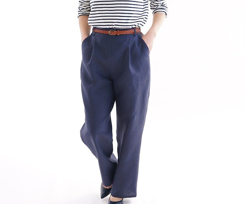 ベルギーリネン きれい目リラックスパンツ /ネイビー　bo2-18 - 女装长裤 - 棉．麻 蓝色