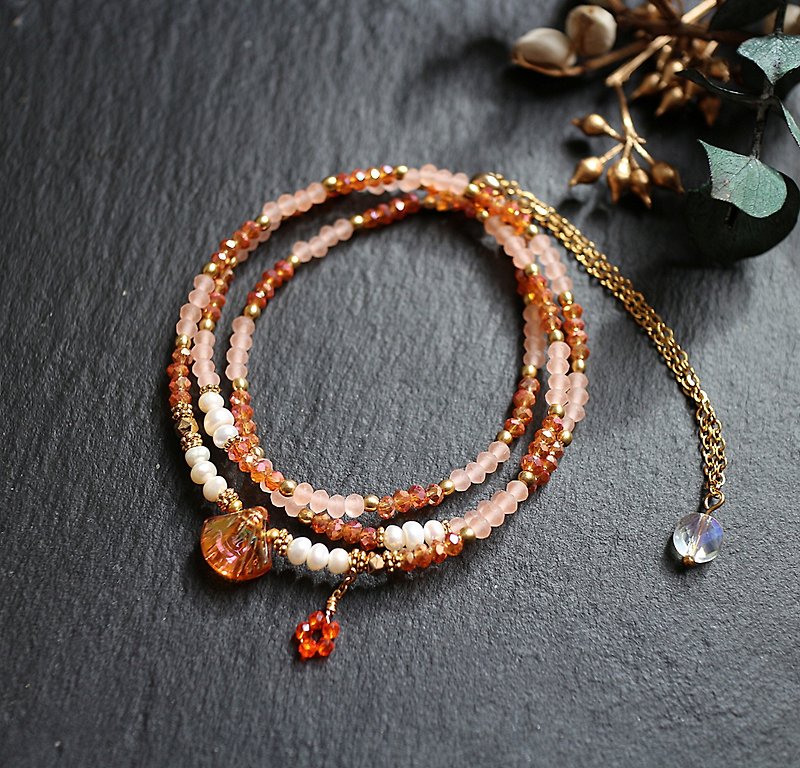 不锈钢玻璃珍珠三层调节式手链项链两用链金属橘色 - 手链/手环 - 玻璃 橘色