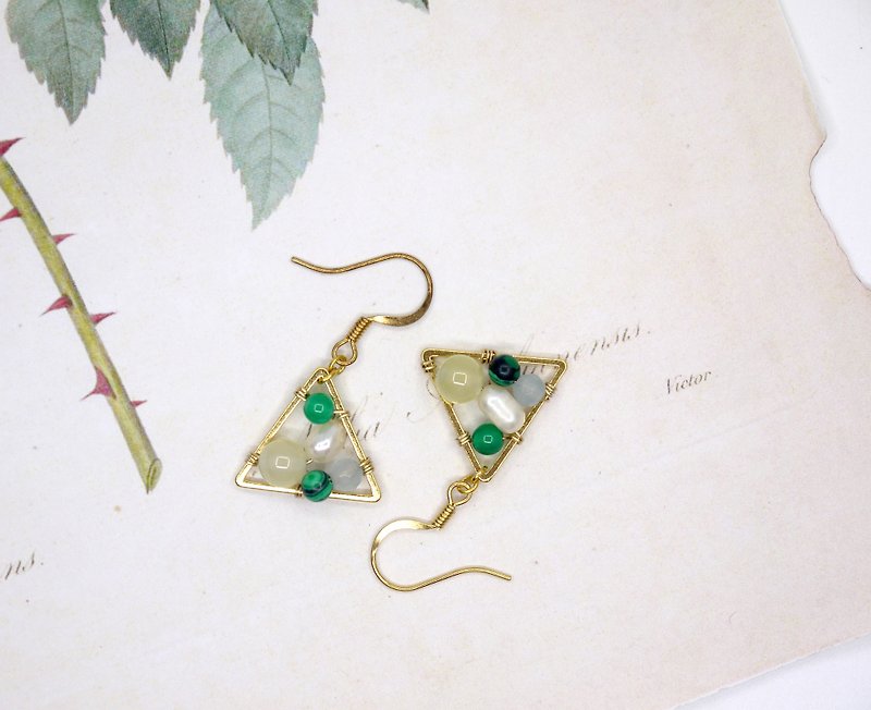 三角结构 葡萄玛瑙 珍珠猫眼石 绿玛瑙 耳环 耳夹 - 耳环/耳夹 - 宝石 