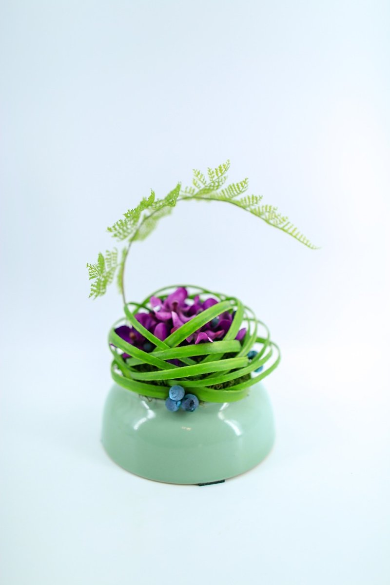 人造花饰-蕨类迷你紫东亚兰水绿圆弧盆 - 植栽/盆栽 - 其他材质 绿色