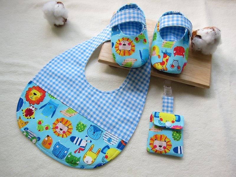123动物园-婴儿宝贝弥月组/宝宝鞋+围兜+平安福袋(三件组) - 满月礼盒 - 其他材质 蓝色