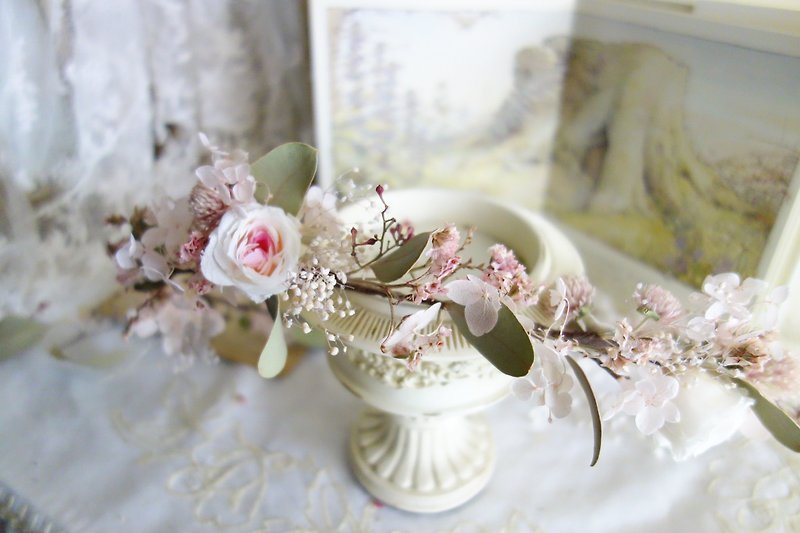 婚礼花饰系列~粉绿不凋玫瑰混干燥花环 - 发饰 - 植物．花 粉红色