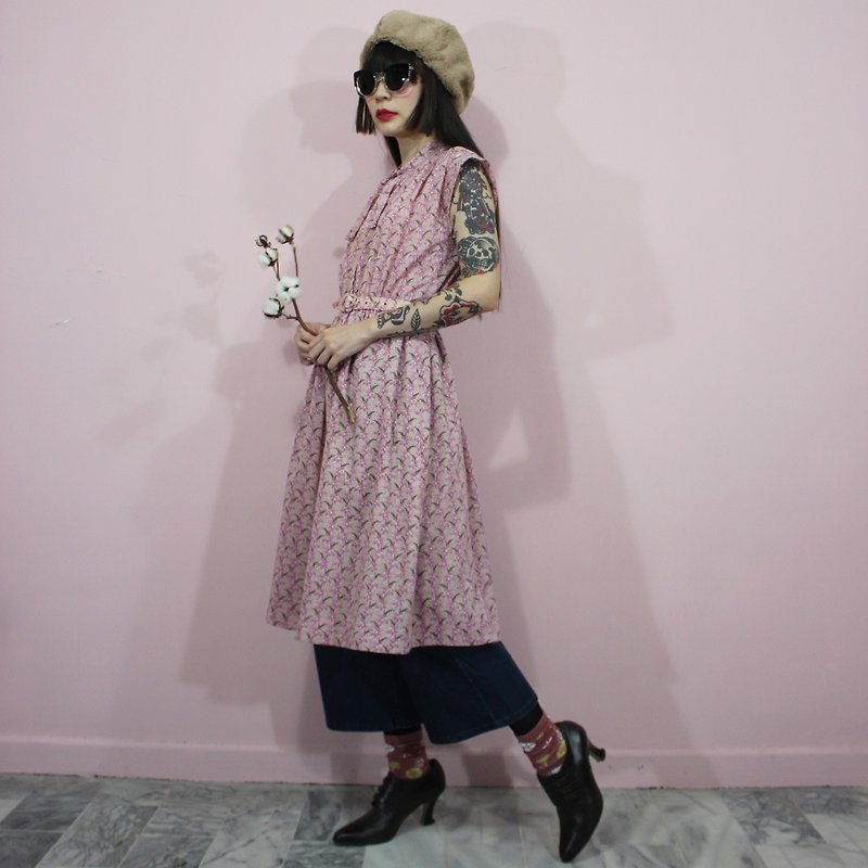 (Vintage洋装)粉红色小花朵附腰带日本古着洋装(生日礼物)F3243 - 洋装/连衣裙 - 棉．麻 粉红色