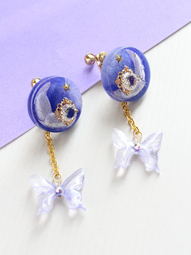 蓝月 紫花 蝴蝶 耳夹 - 耳环/耳夹 - 植物．花 蓝色