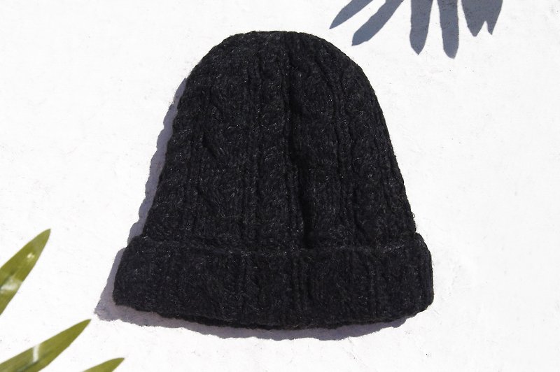 手织纯羊毛帽 针织毛帽 内刷毛手织毛线帽(made in nepal)-麻花黑 - 帽子 - 羊毛 黑色