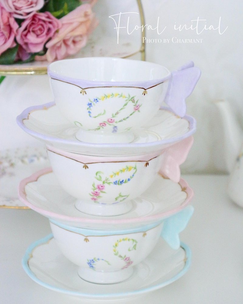 手绘英式字母茶杯下午茶咖啡杯碟杯连托花花 - 茶具/茶杯 - 瓷 多色