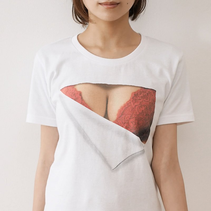 Mousou Mapping T-shirt/ Revival/ Red bra - 女装 T 恤 - 棉．麻 红色