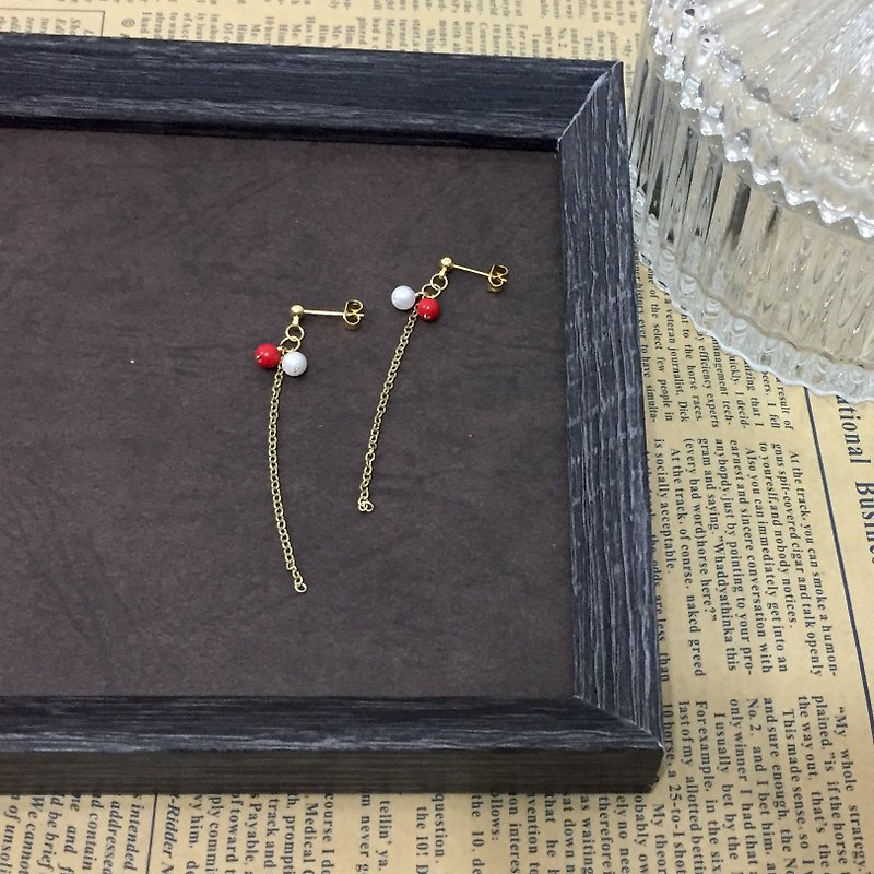 【若桑】【蜻蜓】相思红豆。珍珠&红珊瑚。小脸效果长链耳环/耳夹 - 耳环/耳夹 - 宝石 红色