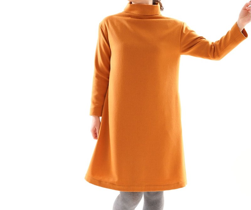 wool Lined interior high-neckline A one-piececoncealed fastener / azalea orange - 洋装/连衣裙 - 其他材质 橘色